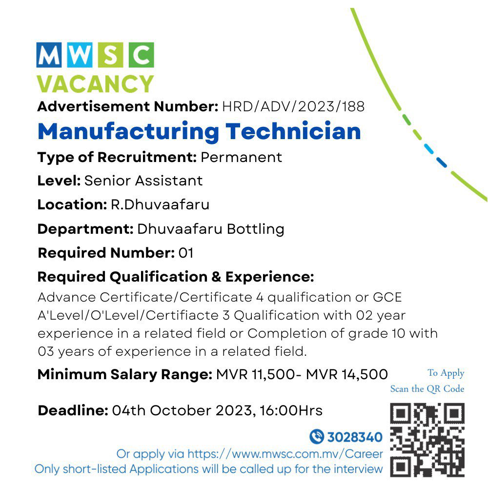 Be a part of MWSC!                       
Apply Now: mwsc.com.mv/Career 
#TeamMWSC