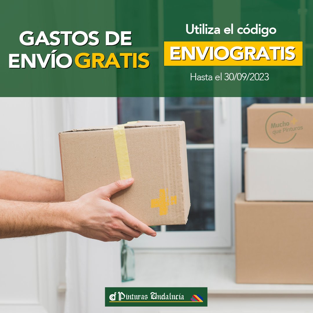 Disfruta hasta el 30 de septiembre de 𝗘𝗻𝘃í𝗼 𝗴𝗿𝗮𝘁𝘂𝗶𝘁𝗼 en todos tus pedidos online. 🙌📦
Utiliza el Código ENVIOGRATIS al finalizar tu compra.

Visita nuestra tienda online en
pinturas-andalucia.com