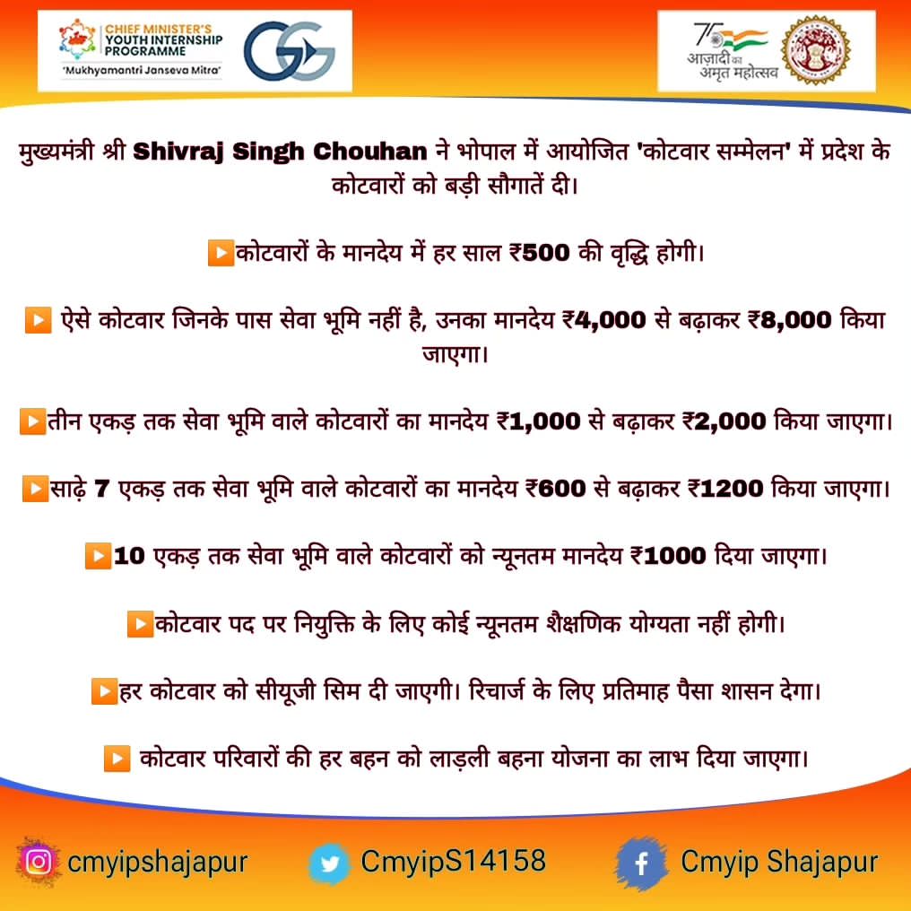 CmyipS14158's tweet photo. मुख्यमंत्री श्री शिवराज सिंह चौहान ने भोपाल में आयोजित "कोटवार सम्मेलन" में प्रदेश के कोटवारों को बड़ी सौगातें दी
#cmyip_ #aiggpa #projsshajapur #cmypdp #jansamparkMP
@ChouhanShivraj @cmyip_ @Connect_Lokesh @Iamanshulsaxena @collectorshajap @JansamparkMP @bhartenduahir https://t.co/qex1cmpKgm