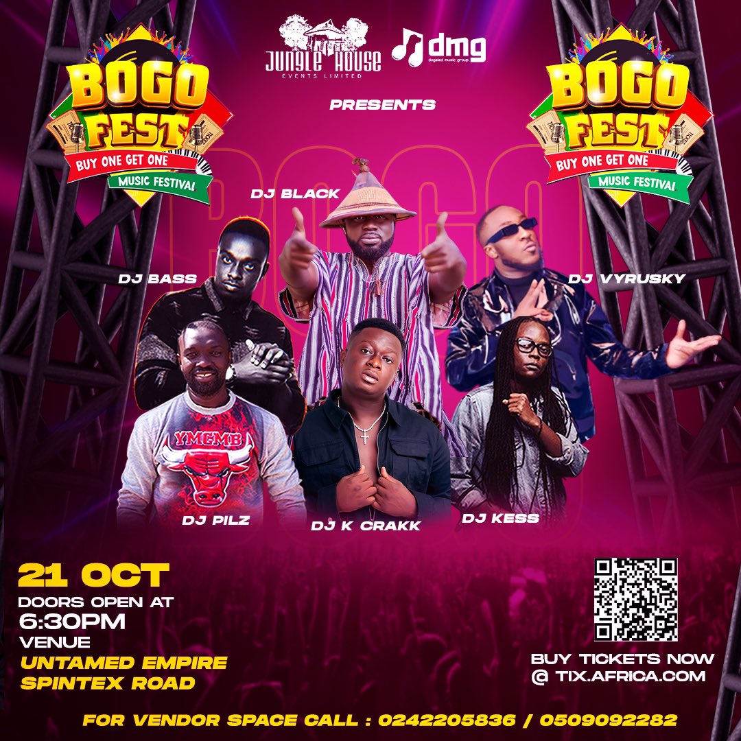 junglehouse_e's tweet photo. Come and jam with @djkcrakk@BoGoFest …Buy  ur tickets from https://t.co/9GpF5wuzHL or https://t.co/uVopZfEFNH….Buy 1 Get 1 Free…#bogofestgh,@djblack @djvyrusky @1djbass @DjKcrakk @darksuburbmusic @luccimoneyGh @DjKessGh @KofiTafari @AdonisGh @Shadeymiles @itwinsghana https://t.co/SA1nTIHtMX