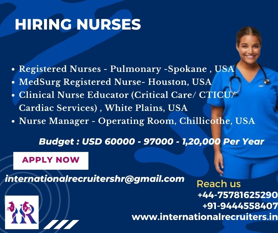 #HiringNurses HIRING NURSES FOR USA
#USTOUS #usrecruitment #registerednurses #medsurg #clinicalnurses #criticalcarenurses #cardiaticnurses #Nursingmanager #nursemanager
#pulmonary #spokane #jobsinspokane #houston #jobsinhouston #whiteplains #chillicothe #usindians #nursesforus