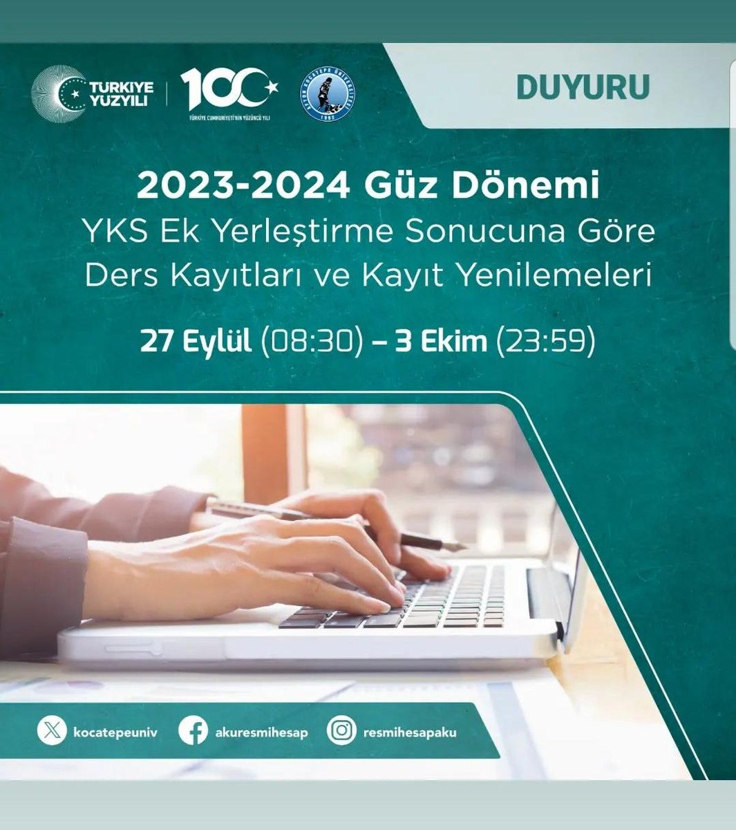 2023-2024 Güz Dönemi YKS Ek Yerleştirme Sonucuna Göre Ders Kayıtları ve Kayıt Yenilemeleri
 27 Eylül-3 Ekim tarihleri arasında olacaktır.