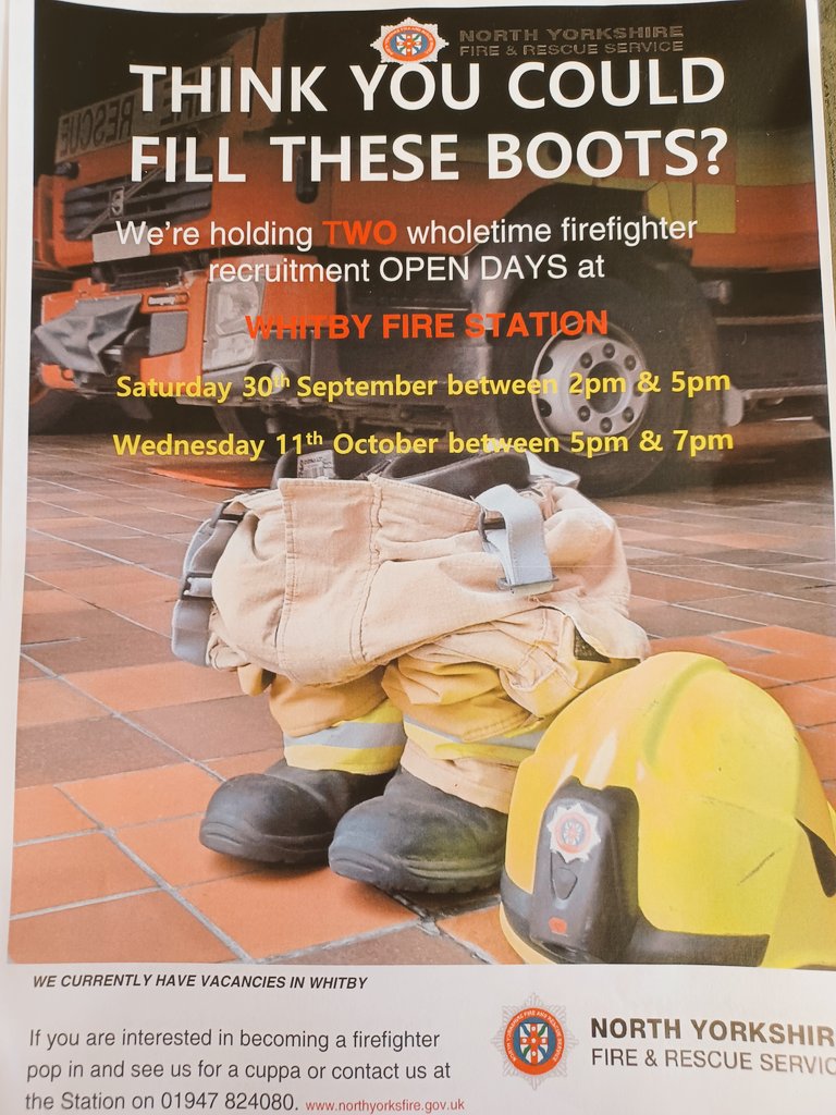 It's official. We're recruiting. Do you want to make a difference to the community in which you live. Pop along to Whitby Fire Station and have a chat with us on the dates below @gazetteinwhitby @NorthYorksFire #firefighters #recruiting