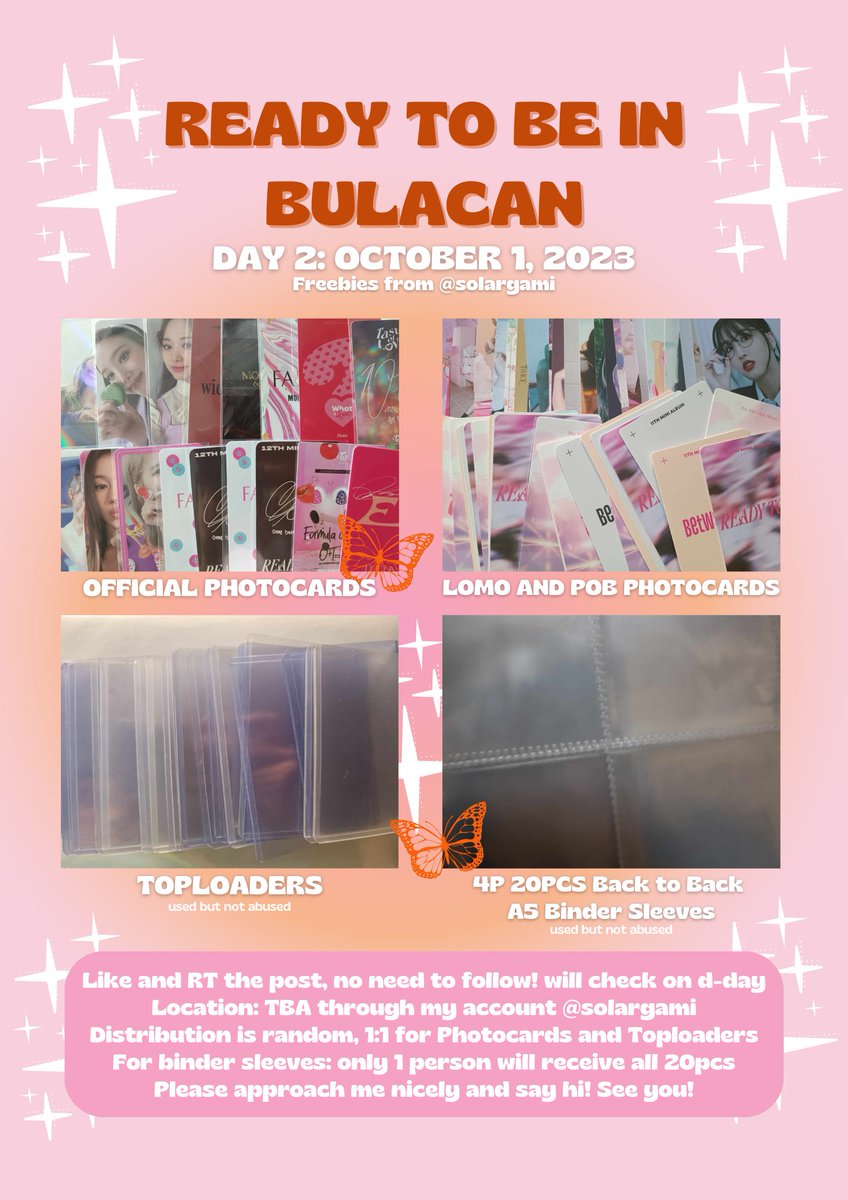 solargami's tweet photo. 🍭TWICE 5th World Tour Ready To Be in Bulacan🍭

✨Freebies for Day 2, Oct 01✨
- official photocards
- lomo and pob photocards
- (ubna) toploaders
- (ubna) 4p 20pcs B2B A5 binder sleeves

*limited slots* see you on d-day!✨

#TWICE_5TH_WORLD_TOUR_BULACAN #READYTOBE_IN_BULACAN https://t.co/mHnodmb34d