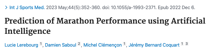 DOI : 10.1055/a-1993-2371.<a href="/FFAthletisme/">FFAthlétisme</a>, <a href="/Jeremy_Coquart/">Jérémy Coquart</a> --> il est possible de prédire assez précisément la #performance en #course à pied, à l’aide de l’#IA, mais moins précisément avec un réseau de neurones artificiels (#ANN) qu’avec la méthode du cas plus proche voisin (#KNN)