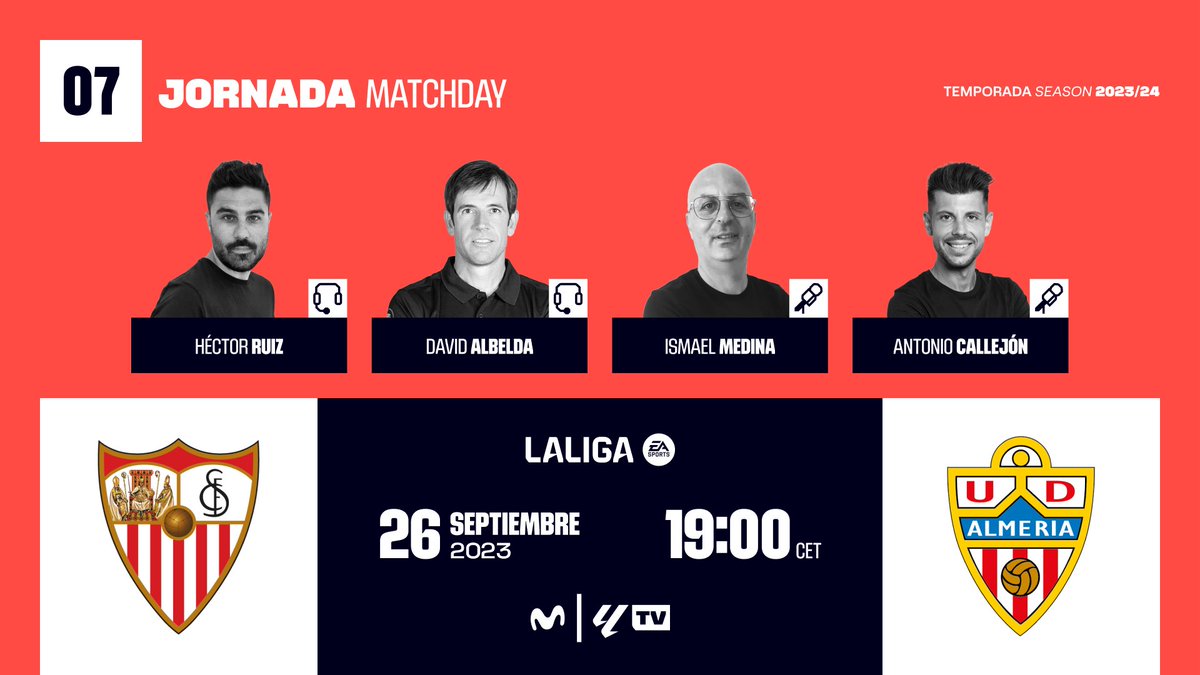 Héctor Antonio Ruiz (@hectorruizpardo) on Twitter photo Puntos necesarios. J07. 19h. Ramón Sánchez Pizjuán. <a href="/SevillaFC/">Sevilla Fútbol Club</a> - <a href="/U_D_Almeria/">UD Almería</a> Vamos con <a href="/dalbelda/">david</a> + Ismael Medina + <a href="/Calleti_Antonio/">Antonio Callejón</a> por <a href="/LaLiga/">LALIGA</a> TV <a href="/MovistarFutbol/">Fútbol en Movistar Plus+</a> ⚽️⚡️🔥📺 Puntos necesarios. J07. 19h. Ramón Sánchez Pizjuán. <a href="/SevillaFC/">Sevilla Fútbol Club</a> - <a href="/U_D_Almeria/">UD Almería</a> Vamos con <a href="/dalbelda/">david</a> + Ismael Medina + <a href="/Calleti_Antonio/">Antonio Callejón</a> por <a href="/LaLiga/">LALIGA</a> TV <a href="/MovistarFutbol/">Fútbol en Movistar Plus+</a> ⚽️⚡️🔥📺