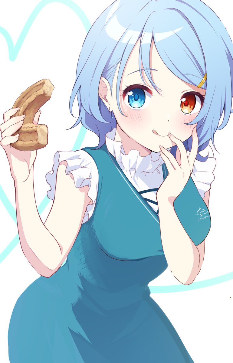 tatara kogasa 1girl solo tongue heterochromia blue eyes blue hair food  illustration images