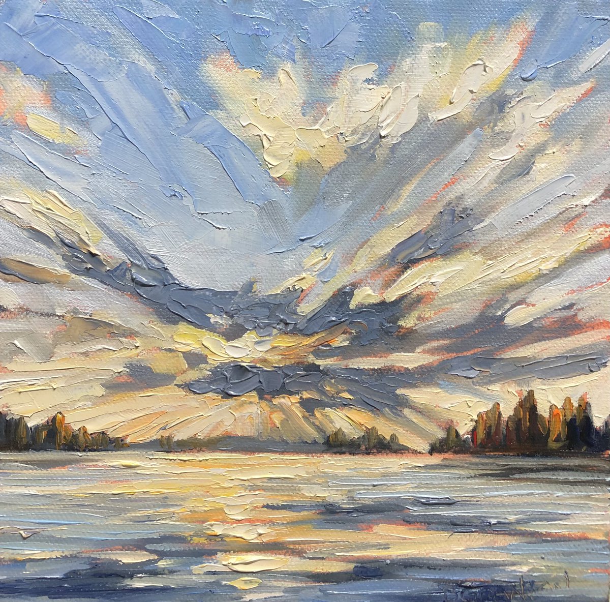 It was a day of sun showers that ended like this. Clearing 8x8” oil on canvas. #sunset #art