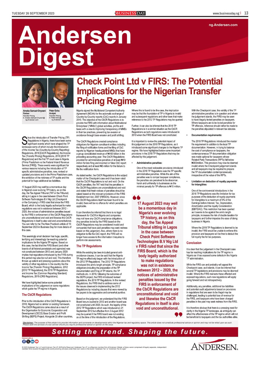 BusinessDayNg's tweet photo. Check Point Ltd v FIRS: The Potential Implications for the Nigerian Transfer Pricing Regime
Article by Andersen
Read on page 13 of today's BusinessDay paper.
#tax #taxrevenue #andersentax #Andersennigeria #businessday https://t.co/9D7aAUw8dW