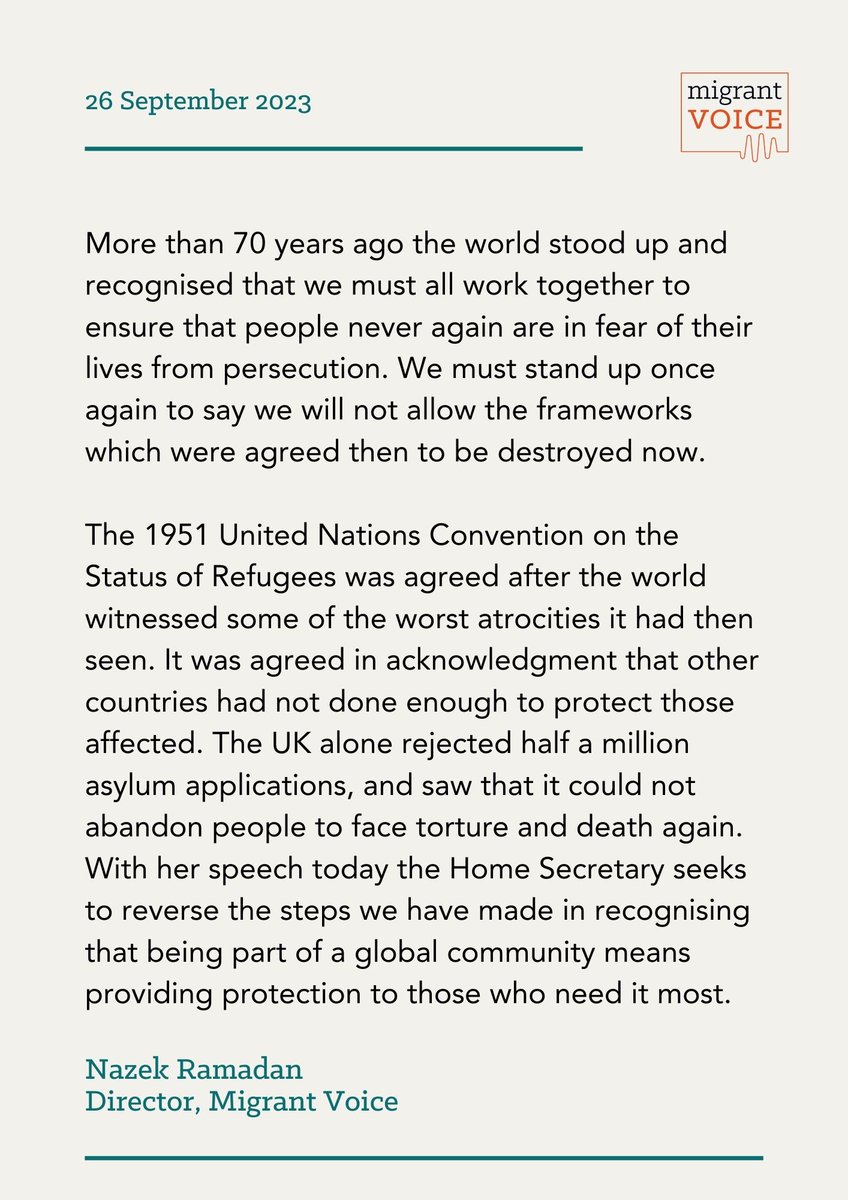 The Home Secretary’s speech today marks a dangerous precedent against the protection of refugees and people seeking safety across the world. We must stand up to such attacks, for the people who need protection and for our shared humanity. Our statement 👇