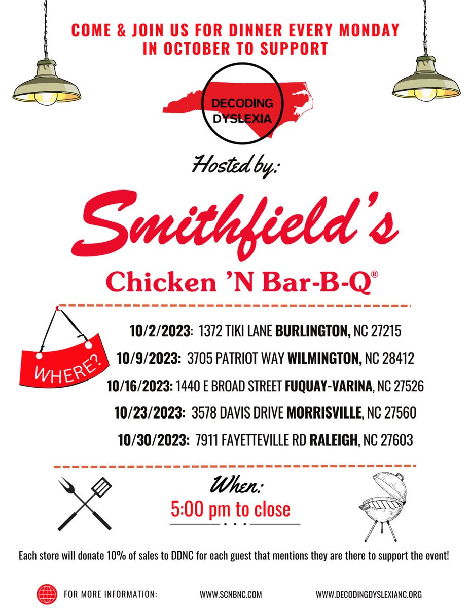 DDNC13's tweet photo. Be sure to join us for dinner every Monday night at designated Smithfields @scnbnc locations in October.. Be sure to say that you are there for Decoding Dyslexia North Carolina’s fundraiser! #NCED #SayDyslexia #1in5 #NorthCarolina https://t.co/1aRwlLQIYJ