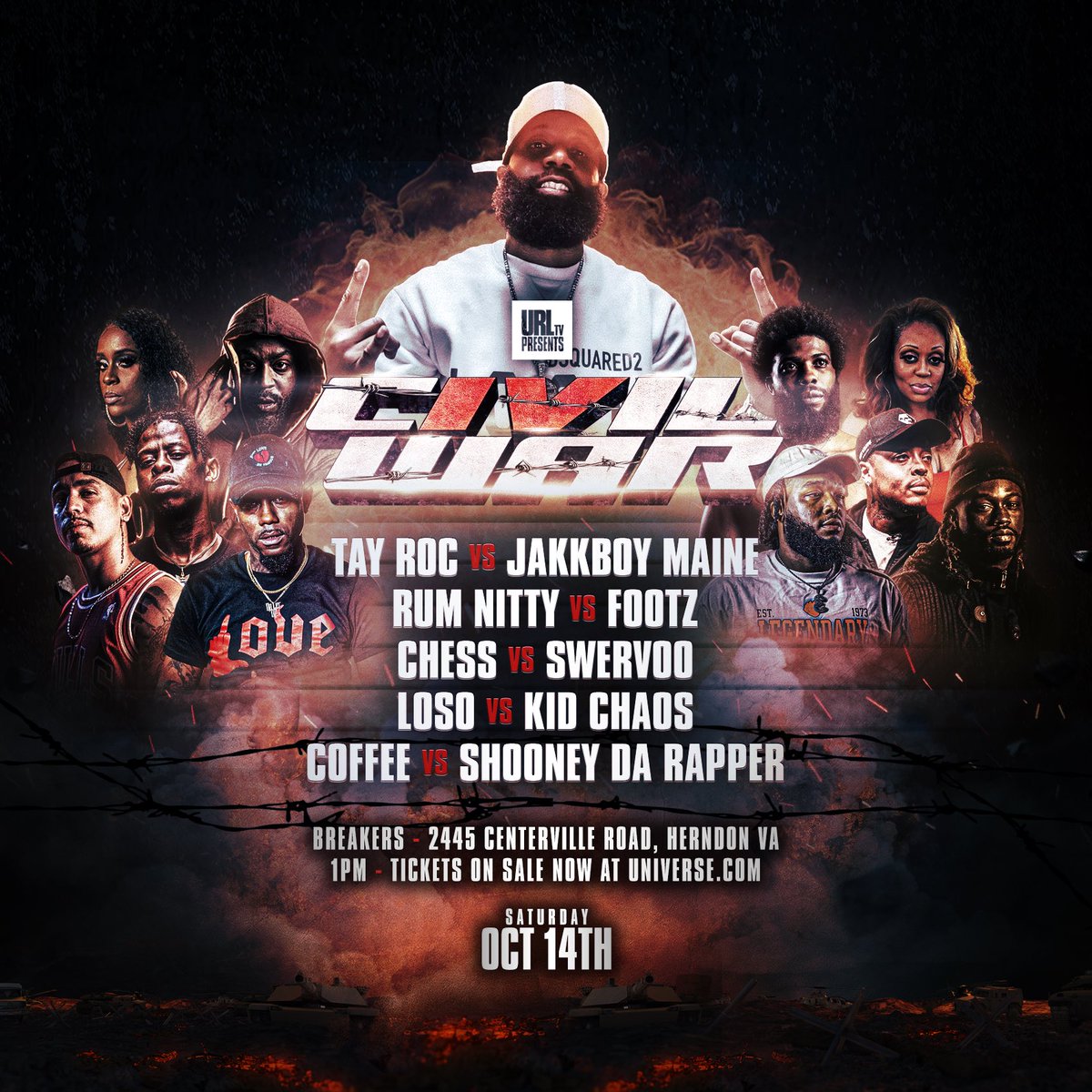urltv's tweet photo. #CivilWar4 Oct 14th $60
🎟️https://t.co/4xB26X6m6T🎟️

@TheOnlyTayRoc x @BigWolfJakk
@RumNitty x @whoisfootz
@CakeLyfe_CHESS x @_Swervoo
@EverythingLoso x @KidChaosMIA
@SHOONEYDARAPPER x @yuLoveCoffee https://t.co/hC9zbOhEcl