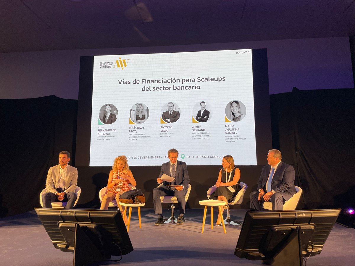 BBVASpark's tweet photo. @AAndalus_IV Comienza la charla "Vías de Financiación para Scaleups del sector bancario", en la que participa María Agustina Ramirez, de #BBVASpark, junto a Fernando de Arteaga del @BancoDeEspana, Lucía Rivas de @UnicajaBanco, Antonio Vega de @SGR_Garantia y Javier Serrano de @santander_es. https://t.co/9T2CJ8BGp0