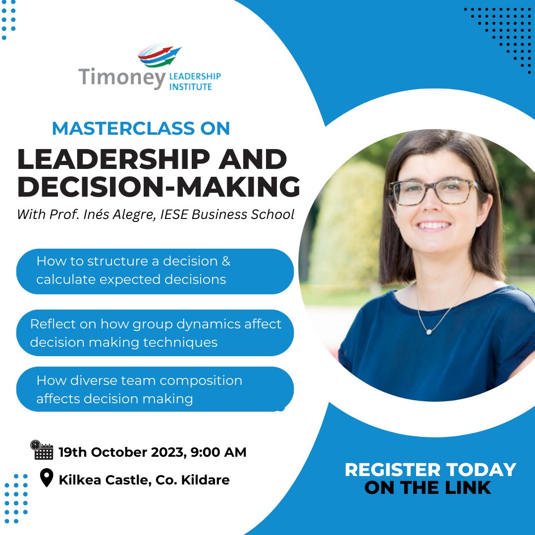 Exciting masterclass alert! Dive into "Leadership &amp; Decision Making" with Prof. Inés Alegre. Level up your leadership game with us. Register today! 

Link in comments

#timoneyleadership #leadershipcoaching #decisionmaking #teams