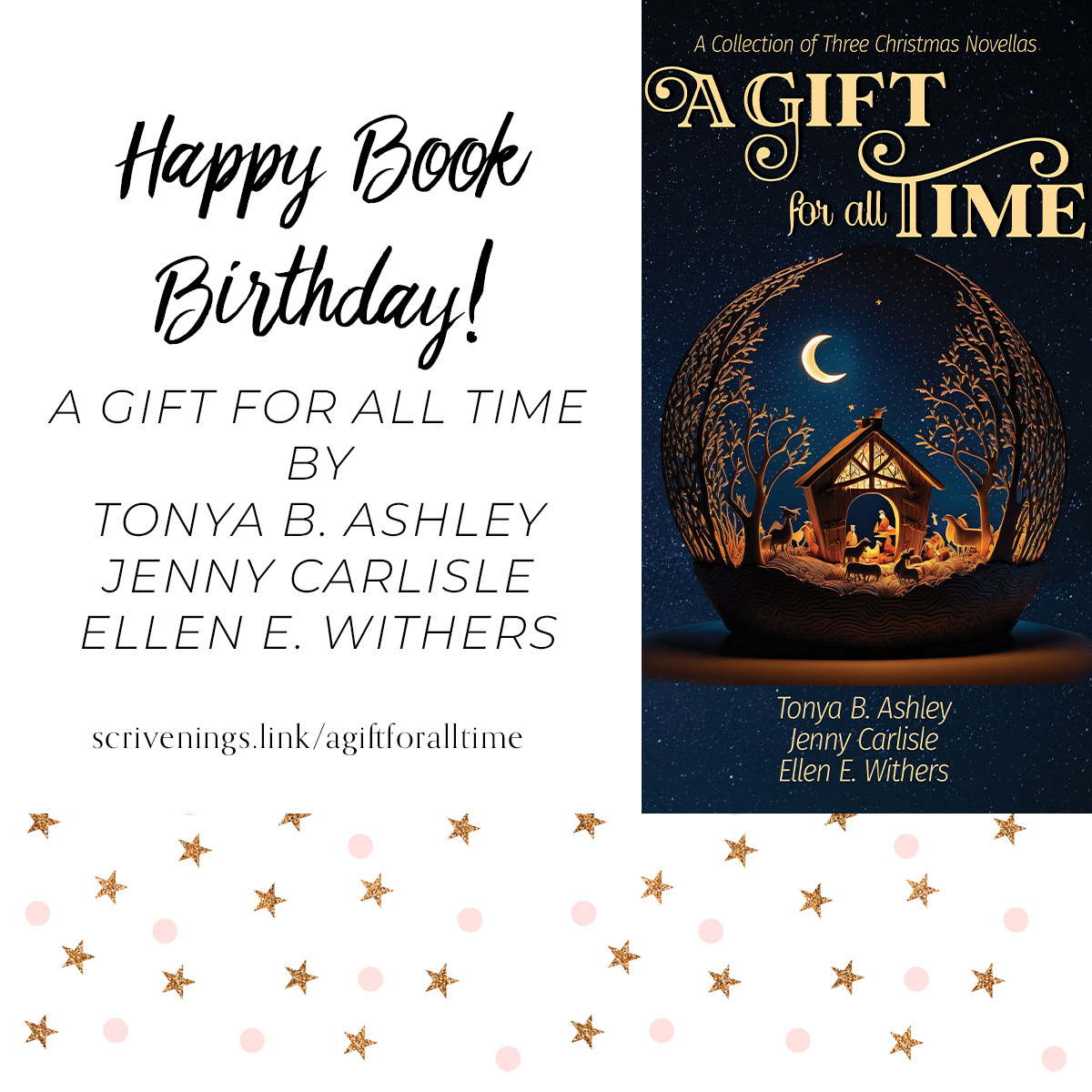 ScriveningsLLC's tweet photo. Happy Book Birthday to Tonya B. Ashley, Jenny Carlisle, and Ellen E. Withers upon the release of their #ChristmasNovella collection, A Gift for All Time.

https://t.co/eRvKvcLfb3

Available in paperback, eBook, and on #KindleUnlimited.
#CleanFiction #newrelease #KU #bookbirthday https://t.co/G0jZGKc7fs