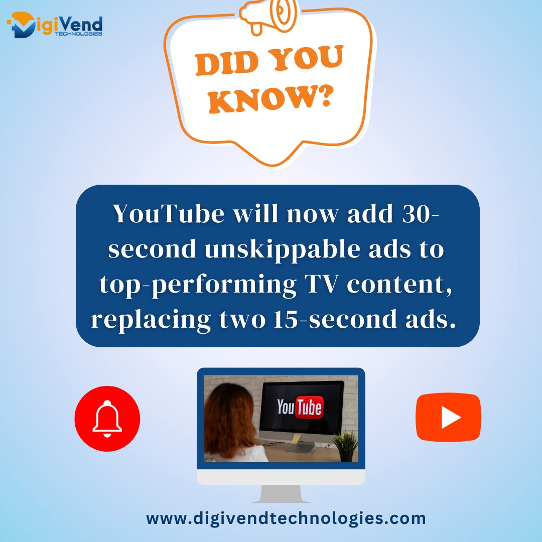 digivendtech's tweet photo. Attention to all the YouTube viewers on TV! YouTube has come up with this new update. Stay informed for more such updates.

#youtubeads #unskippableads #tvviewers #videocontent #youtube #digitalmarketing  #ecommerce #digitamarketingfacts #didyouknow #youtubeupdate #digivend https://t.co/ddtA3YorFQ