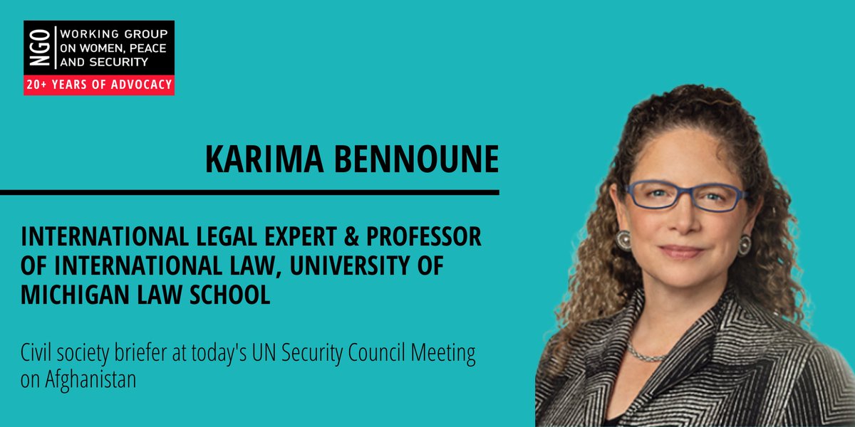 Today, we stand with international legal expert @KarimaBennoune as she briefs the #UNSC on what the intl community must do to hold the Taliban accountable for their decimation of women's rights in #Afghanistan. Watch her remarks at 10AM EDT: media.un.org/en/asset/k1n/k…