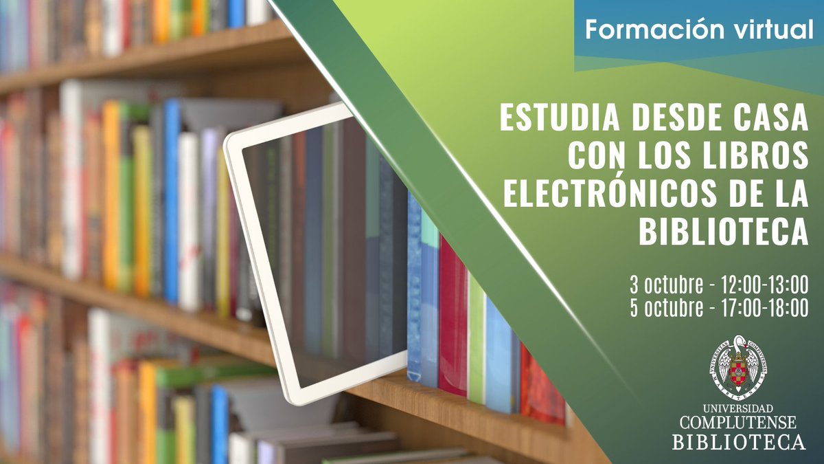 🆕Aprende el manejo del #libroelectrónico con este práctico curso en línea en el que conocerás las distintas plataformas, cómo hacer búsquedas, guardar...
Hay 2 sesiones:
🍏 3/10: 12-13 h
🍏 5/10: 17-18 h
¡Inscríbete ya!
🔗 bit.ly/EstudiaConLibr…
 
#BibliotecaComplutenseEnLínea