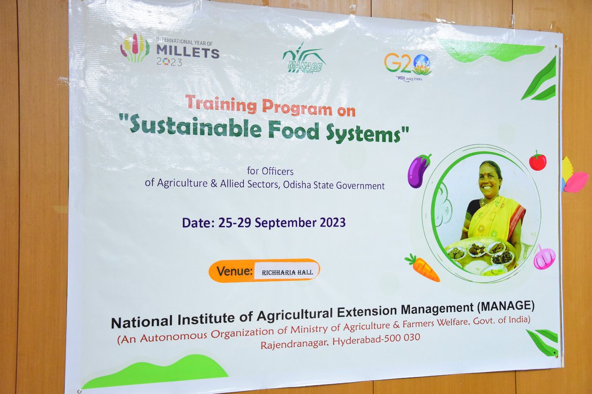 MANAGEPrograms's tweet photo. MANAGE started a 5-day Training Program on #SustainableFoodSystems from 25-29 September 2023 for officials from #Odisha DA&amp;FE

#Odisha #DepartmentofAgriculture #FarmersEmpowerment #MANAGEites @AgriGoI @MediaCellMANAGE @chandraagri @SecyAgriGoI @Sampraveen0406 https://t.co/55sM587xPE