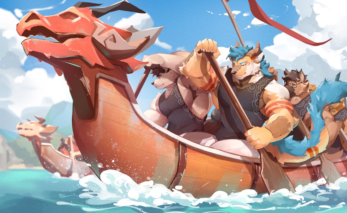 Its tiring to go out on sea on a dragonboat, but with a team of strong rowers, we will win! Commission for @KodaKeijin with a cameo from @Kemmuono
