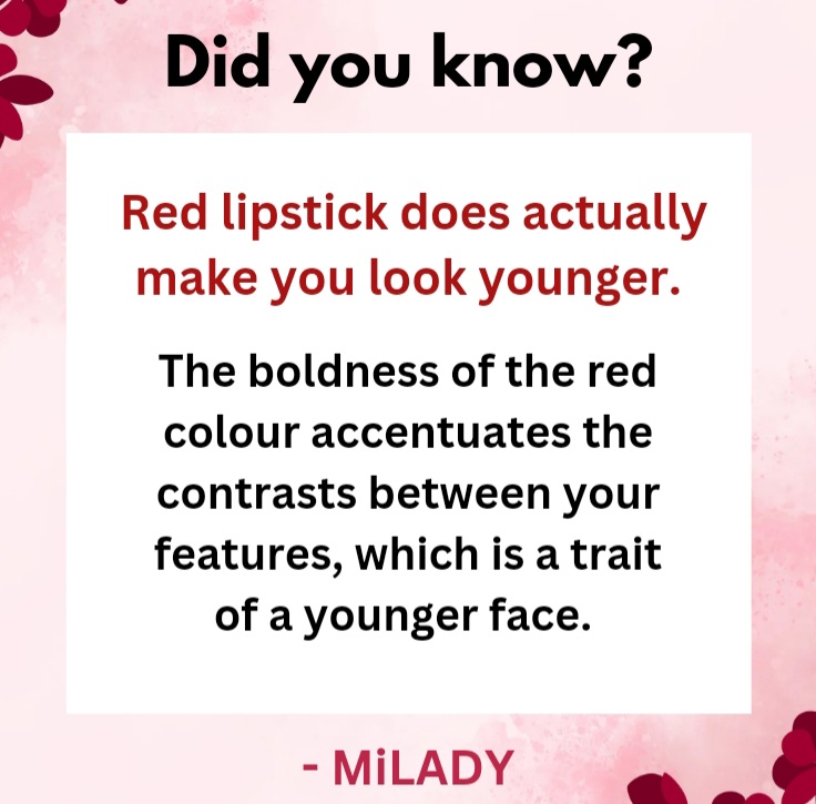 Fact About Red Lipstick!💄 
.
Follow for mor!
.
#makeup #beauty #makeupartist #fashion #mua #cosmeticfacts #makeuptutorial #miladycosmetics  #makeuplover #makeupmeme #makeuplook #didyouknow #makeupaddict  #lipstick #makeupfact #makeuplooks #cosmeticbrand