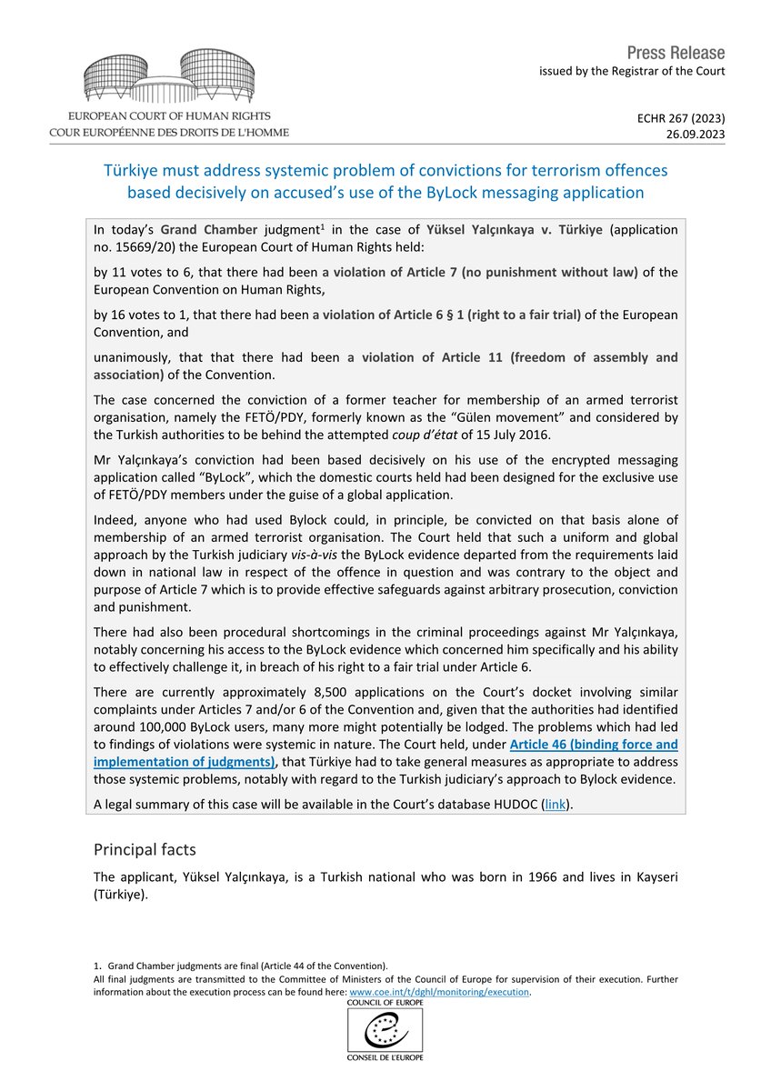 Grand Chamber judgment Yüksel Yalçinkaya v. Türkiye - systemic problem of convictions for terrorism offences based on use of ByLock messaging application
hudoc.echr.coe.int/app/conversion…
#ECHR #CEDH #ECHRpress