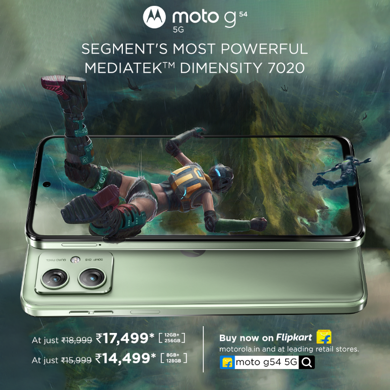 motorolaindia's tweet photo. Unleash the power of innovation with the #motog54_5G, featuring the segment's mightiest MediaTek™ Dimensity 7020 processor. Buy now starting at just ₹14,499* on @flipkart, https://t.co/azcEfy2uaW and at leading retail stores. #GoBeyondSpeed.