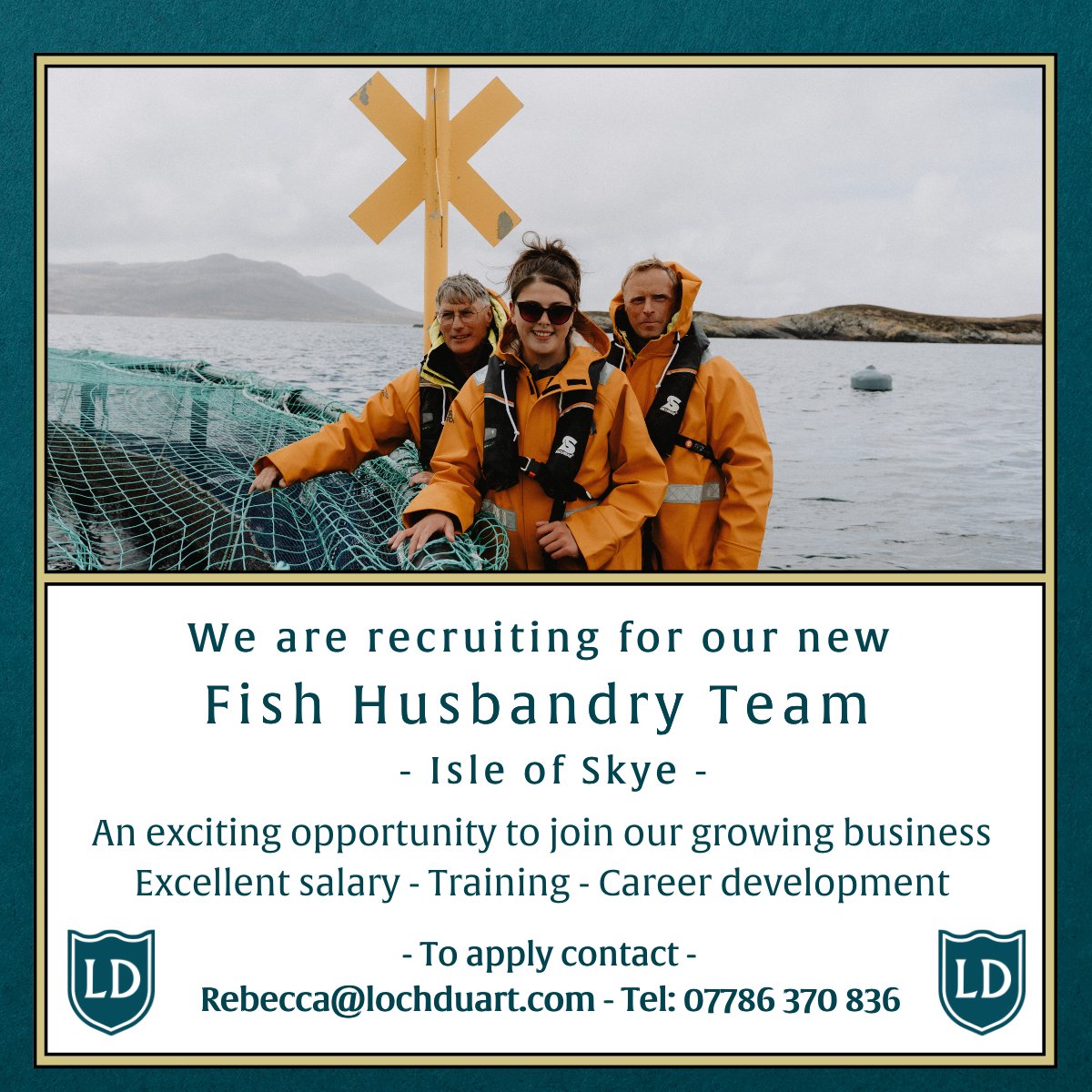 Join us on the picturesque Isle of Skye! We're hiring for our Fish Husbandry team, offering a great salary, training, and development opportunities. Contact Rebecca for details in the post if interested.