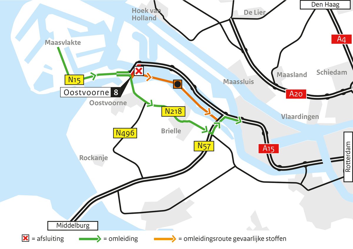 Let op: De #Suurhoffbrug (A15) is dicht richting Rotterdam van vrij 6 okt 21.00 tot zon 8 okt 05.00 uur. Fietsers kunnen m.b.v. verkeersregelaars wel over de brug. Autoverkeer wordt omgeleid via de N57.  meer info 👉bit.ly/455itzJ