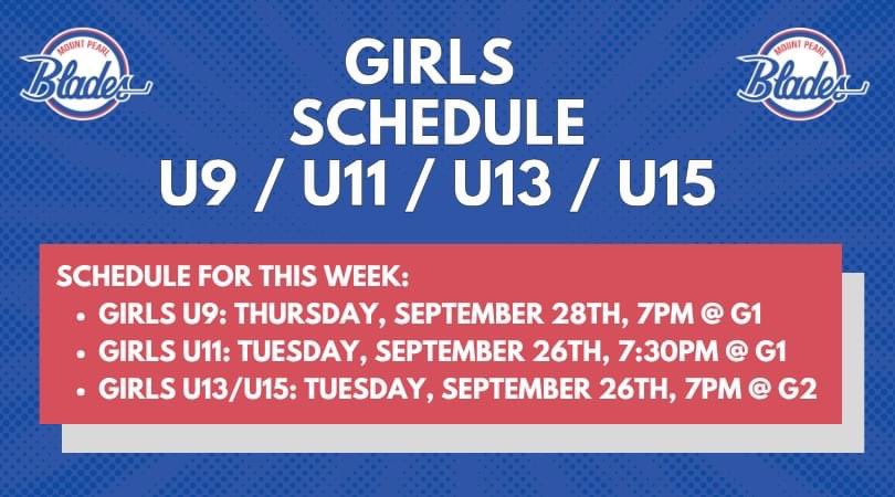 Girls practice times this week for U9/U11/U13/U15:
Girls U9: Thursday, September 28th, 7pm @ G1
girls U11: Tuesday, September 26th, 7:30pm @ g1
girls U13/U15: Tuesday, September 26th, 7pm @ g2
#mpblades
