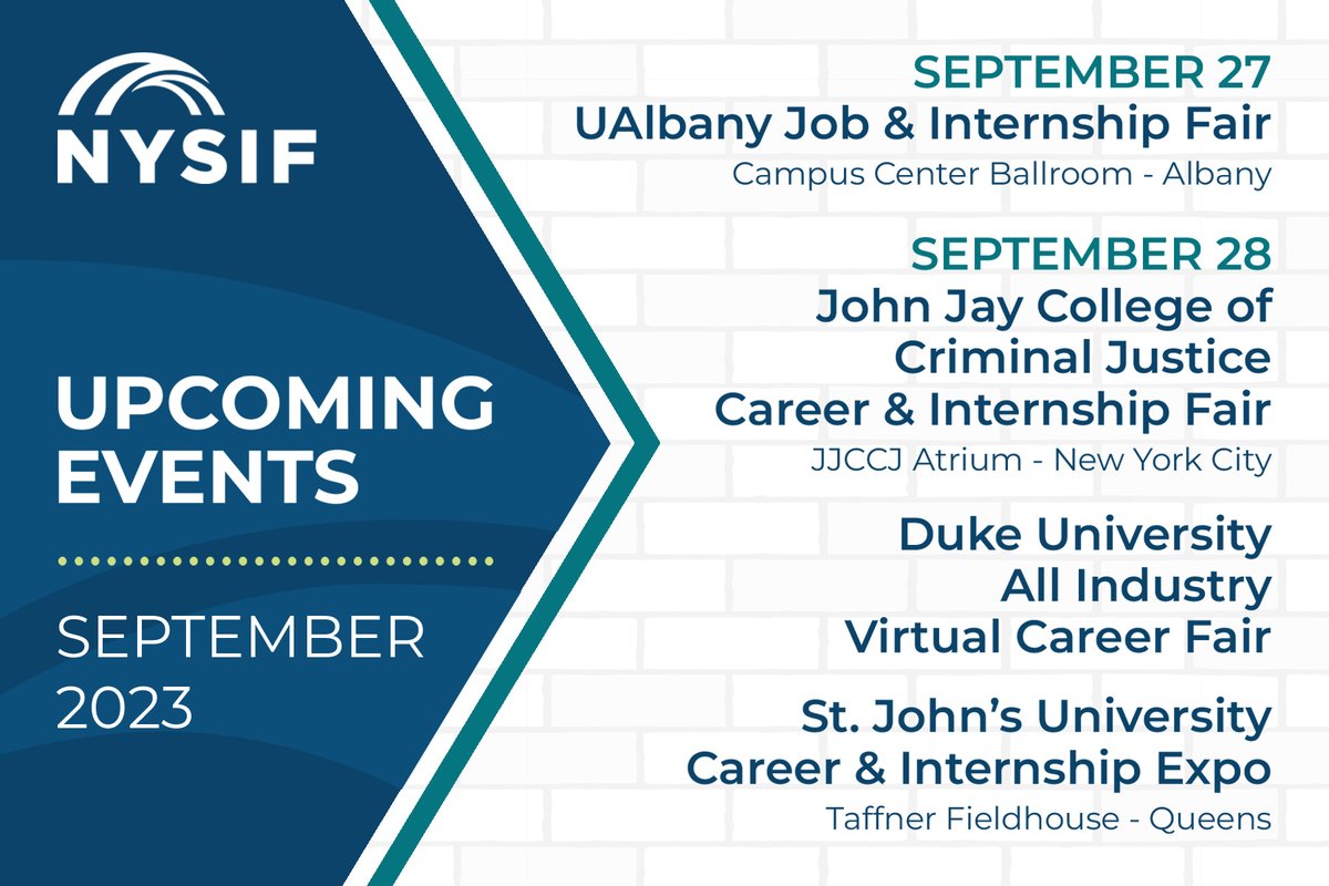 NYSIF_1914's tweet photo. #NYSIF will be participating in the events listed below on September 27-28, 2023.     

#workerscomp #disabilitybenefits #paidfamilyleave #careerfair #NYS https://t.co/uRjna8FQ6x