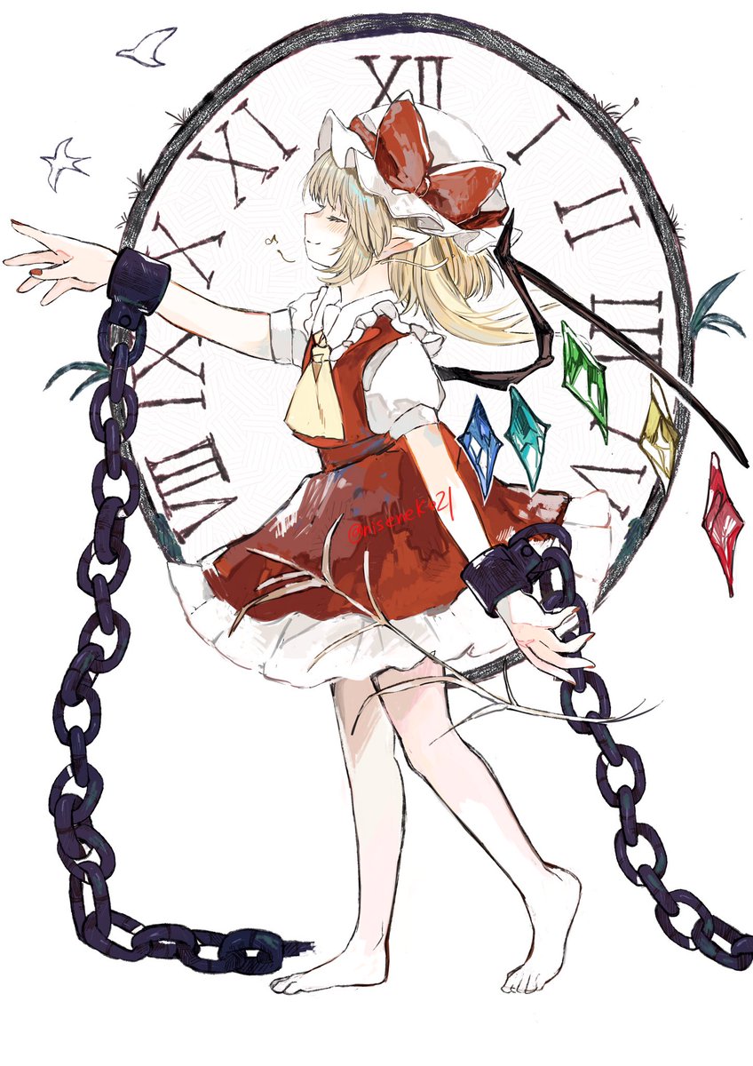 flandre scarlet 1girl hat solo ascot mob cap chain wings  illustration images
