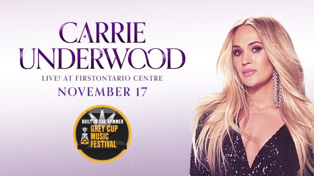 CARRIE UNDERWOOD IS COMING TO THE HAMMER 🔨
 
Underwood will be headlining on Friday, Nov. 17 at the Built in the Hammer Grey Cup Music Festival 🎤
 
Pre-sale starts this Thursday, Sept. 28 for Grey Cup ticket holders. General public on sale starts this Saturday, Sept. 30.
 
🗞️: