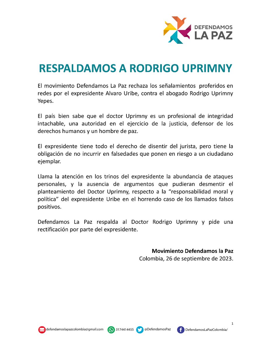 Desde #DefendamosLaPaz Respaldamos a <a href="/RodrigoUprimny/">Rodrigo Uprimny</a> rechazamos los señalamientos  proferidos en redes por el expresidente <a href="/AlvaroUribeVel/">Álvaro Uribe Vélez</a> contra él y le pedimos una rectificación

Vea nuestro comunicado: 
acortar.link/DLPUprimny
