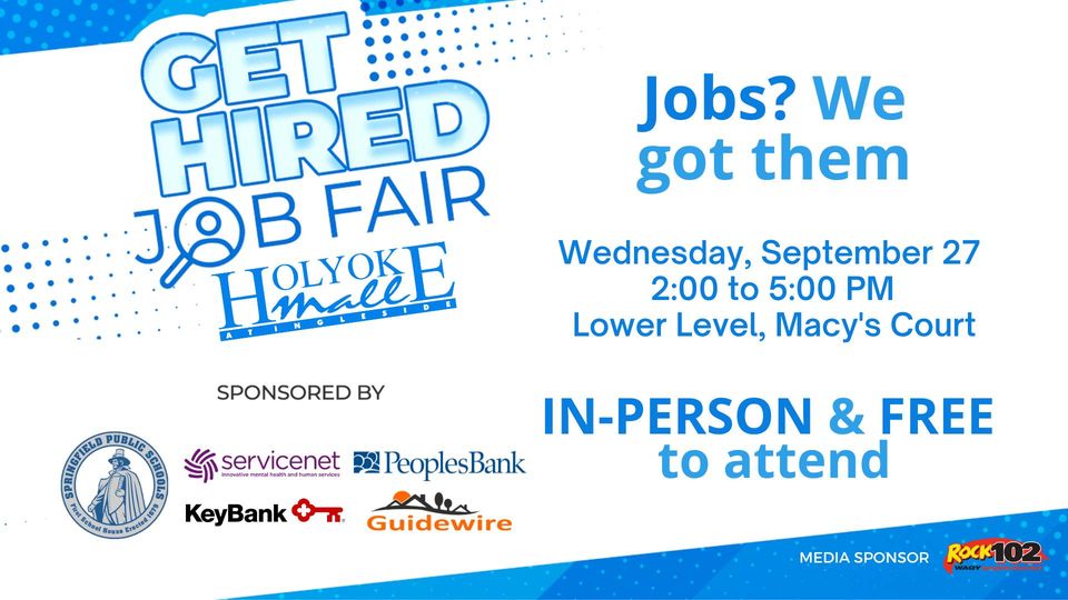 Jobs? We have them! Join us at the @HolyokeMall on September 27th for the in-person 'Get Hired' #JobFair. Unable to attend? That's OK. Learn more about #PeoplesBank and discover available job opportunities at bankatpeoples.com/careers #BankAtPeoples #hiring #westernmass #wmass