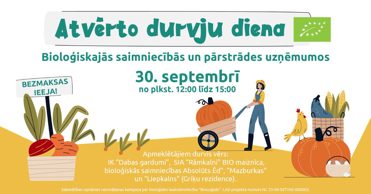 Atvērto durvju diena bioloģiskajās saimniecībās un pārstrādes uzņēmumos – 30. septembrī!
biologiski.lv/zinas/atverto-…