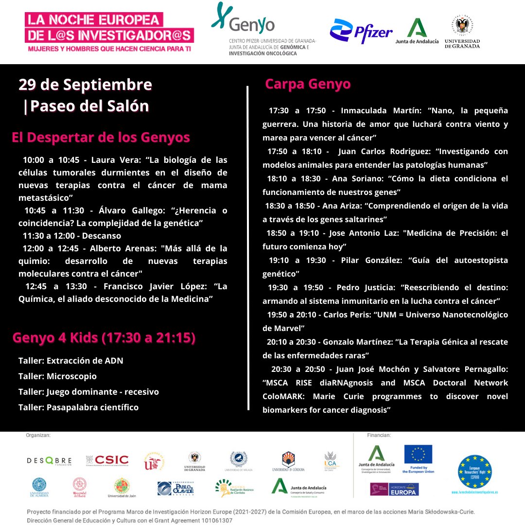 genyo_pts's tweet photo. Os presentamos el programa completo de GENYO para la Noche Europea de los Investigadores. #NightSpain

📅 Viernes 29 de septiembre durante todo el día
📍 Paseo del Salón

https://t.co/hjiZ2YjKvu

@FDescubre @CSIC @CanalUGR @FProgresoysalud https://t.co/qyMcV5OfKH