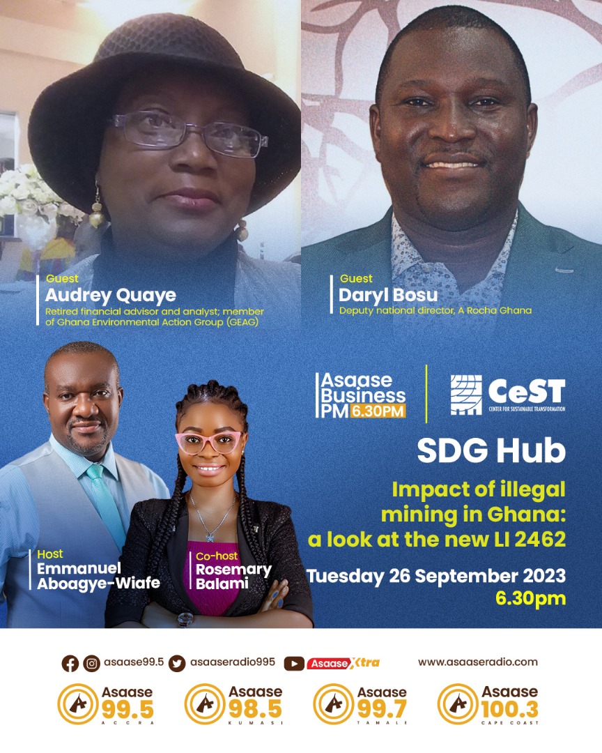 YREGhana's tweet image. Tune in to the #SDGHub on @asaaseradio995 today at 6:30PM, where we will have Daryl Bosu from @arochaghana and Audrey Quaye from Ghana Environmental Action Group discussing the most pressing existential threat to our #environment - illegal mining.