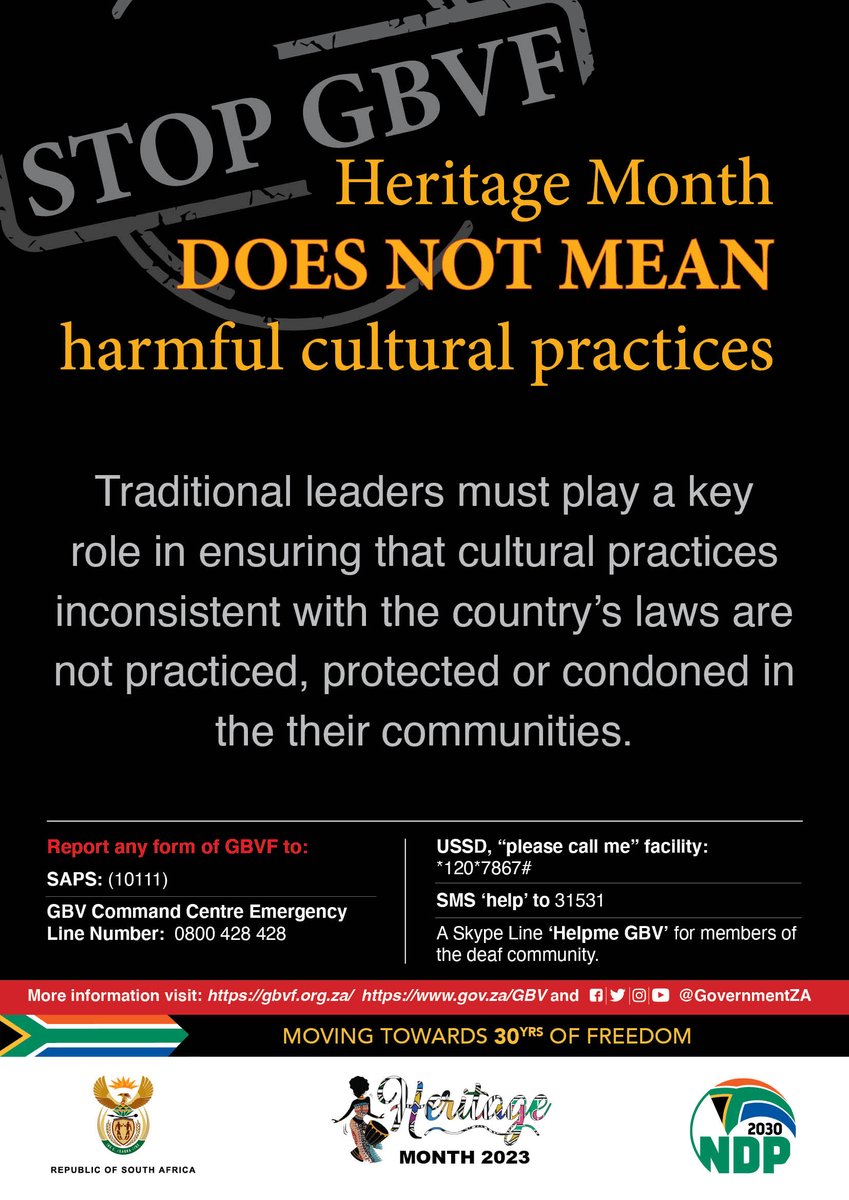 #StopGBVF| Let us work together to ensure that harmful cultural practices that infringe on human rights do not find a place in our daily lives.

#HeritageMonth2023