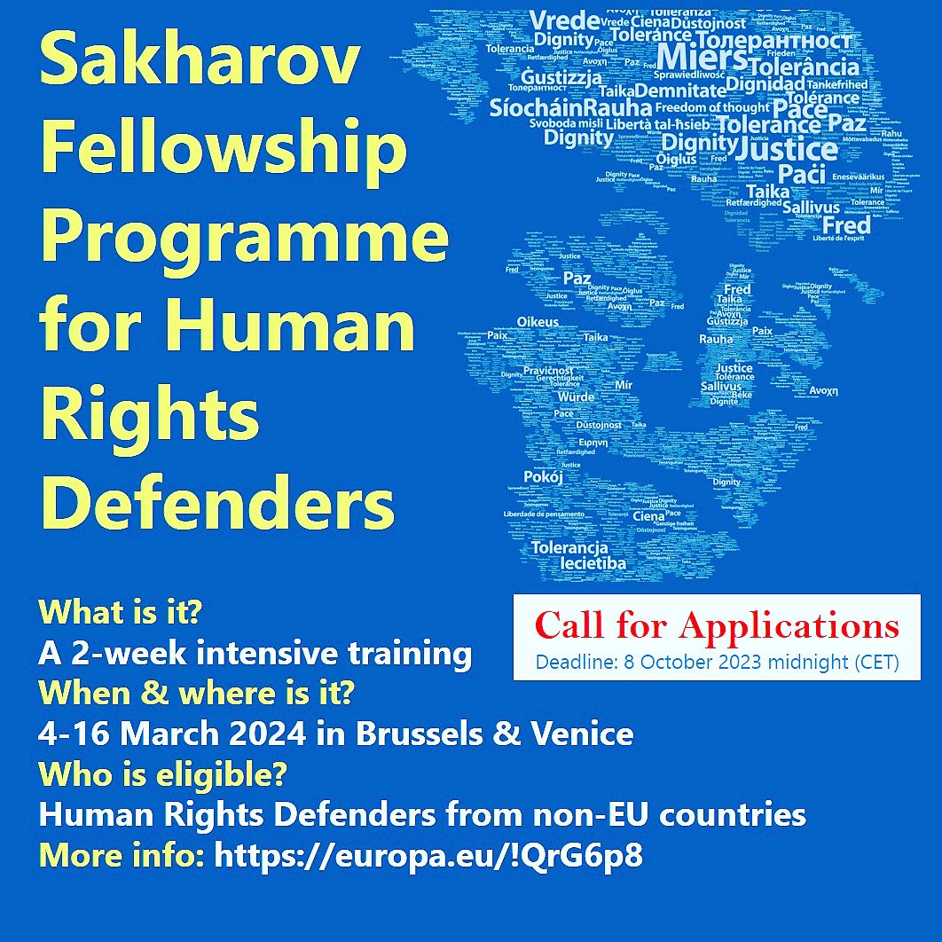 EUinMongolia's tweet photo. ⚖️Sakharov Fellowship 2024 CALL FOR APPLICATIONS is open!

🇪🇺Become one of the  14 human rights defenders to join the intensive training in Brussels and in Venice.

⏲️The deadline:  8 October 2023 (CET).

For more info &amp; to apply, access 👉
https://t.co/53Z3izomCB https://t.co/3Lr6YMFqUA