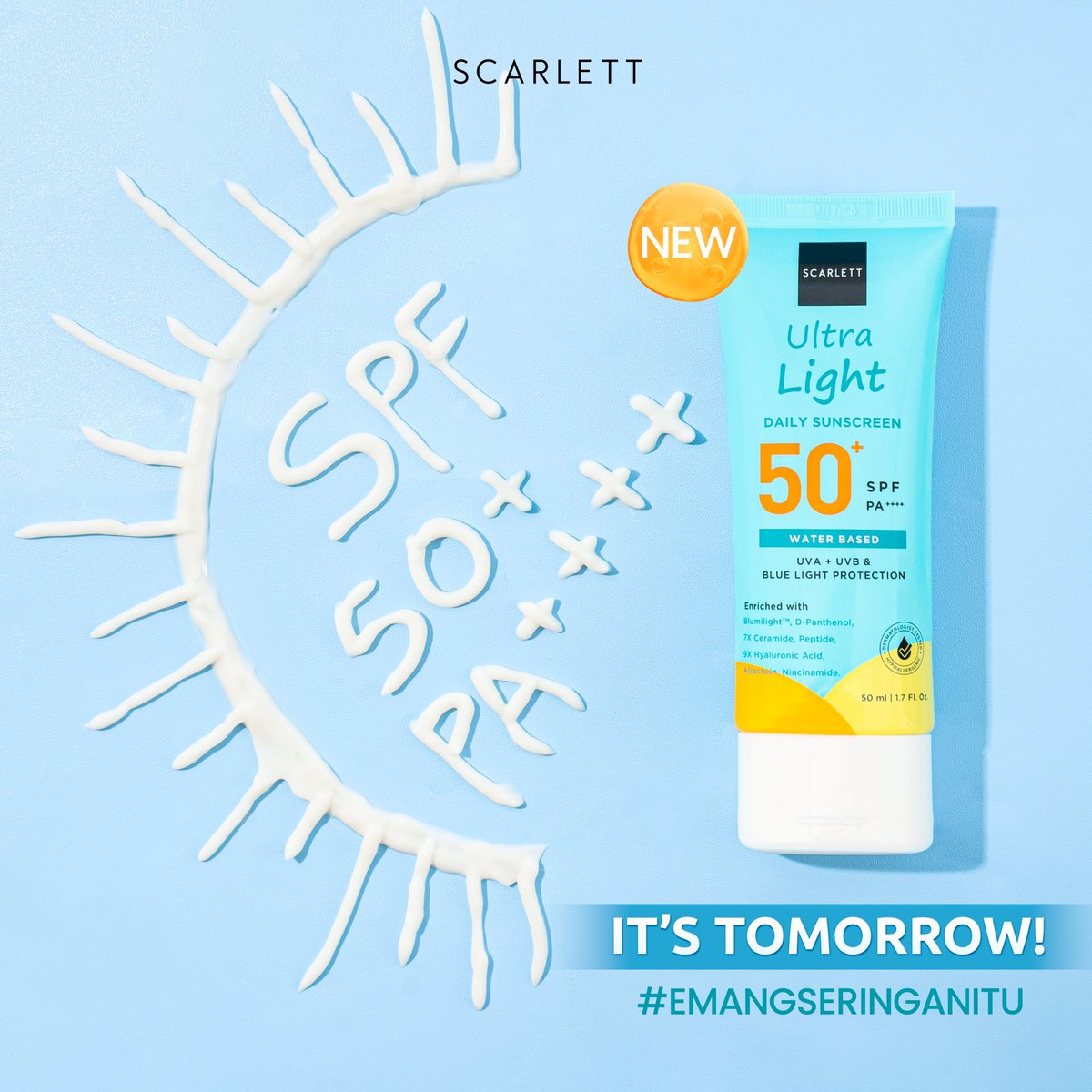 🚨D-1 Launching Ultra Light Daily Sunscreen SPF50+ PA++++🚨

BESOK! Sunscreen terbaru Scarlett yang SUPER RINGAN dengan perlindungan tinggi dari sinar UVA UVB dan bluelight ini sudah available buat Sahabat Scarlett checkout besok. Siapa yang udah gak sabar nih buat cobain?🙋🏻‍♀️