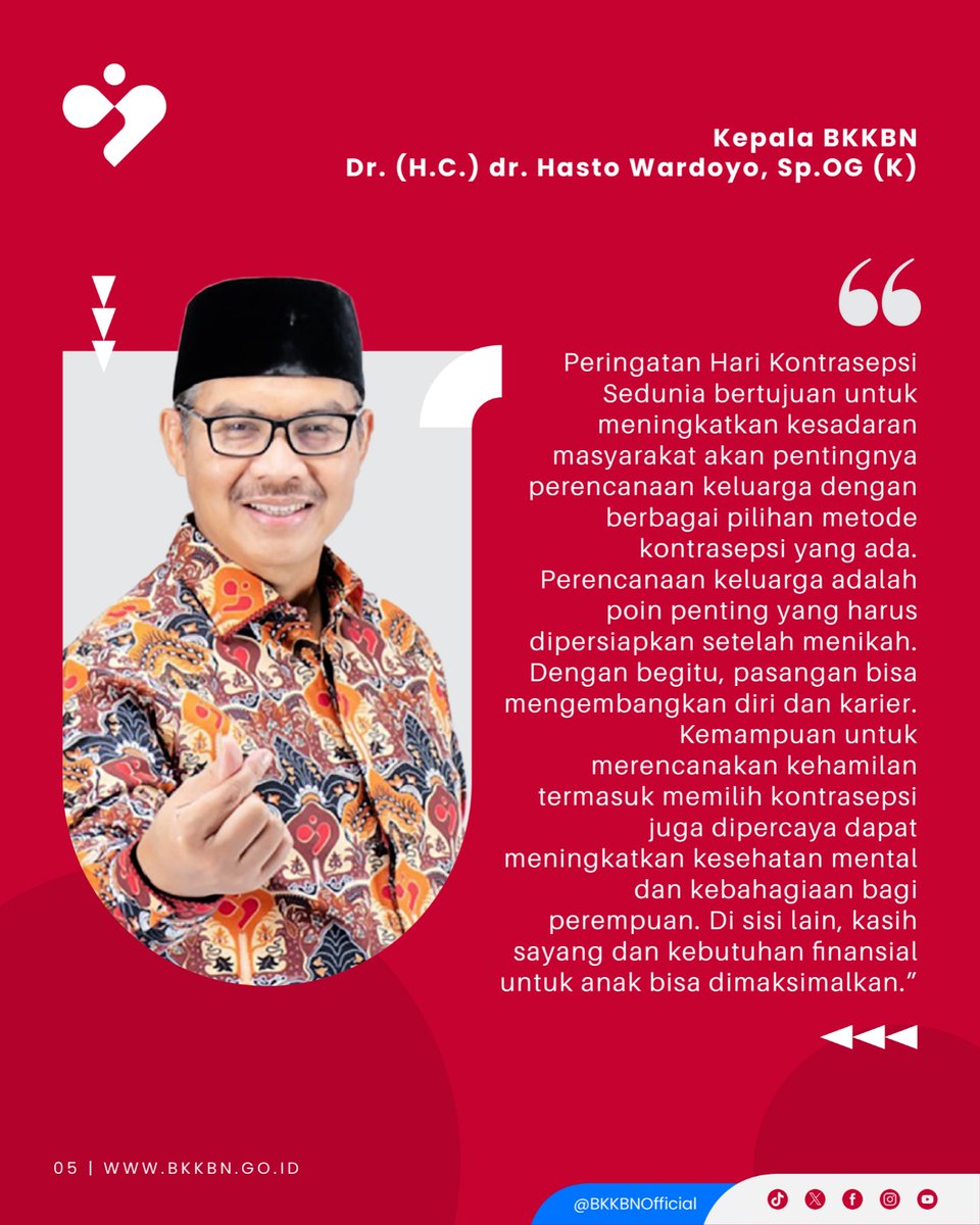 BKKBNKalbar_'s tweet photo. “Peringatan Hari Kontrasepsi Sedunia bertujuan untuk meningkatkan kesadaran masyarakat akan pentingnya perencanaan keluarga dengan berbagai pilihan metode kontrasepsi yang ada,” ujar Kepala BKKBN Dr. (H.C.) dr. Hasto Wardoyo, Sp.OG (K), beberapa hari lalu, dalam sebuah pertemuan. https://t.co/dUwUEynnIS
