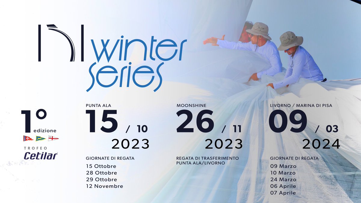 Le #151WinterSeries sono quattro giornate di vela a #PuntaAla (15, 28 e 29/10, 12/11). Una costiera da #PuntaAla a #Livorno, la #Moonshine (26/11). Cinque giorni di regate a #Livorno #MarinadiPisa (9, 10 e 24/3, 6, 7/4. Le info qui 👉 151miglia.it/151-winter-ser…
