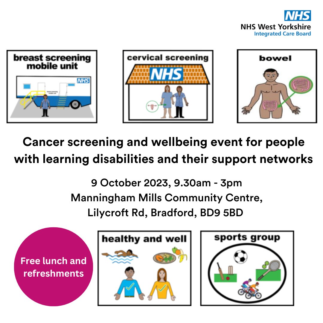 Cancer screening and wellbeing event for people with a learning disability and their support networks. Join us on 9 October to learn about bowel, breast and cervical screening programmes, healthy eating and keeping active in your community. Book a space: eventbrite.co.uk/e/cancer-scree…
