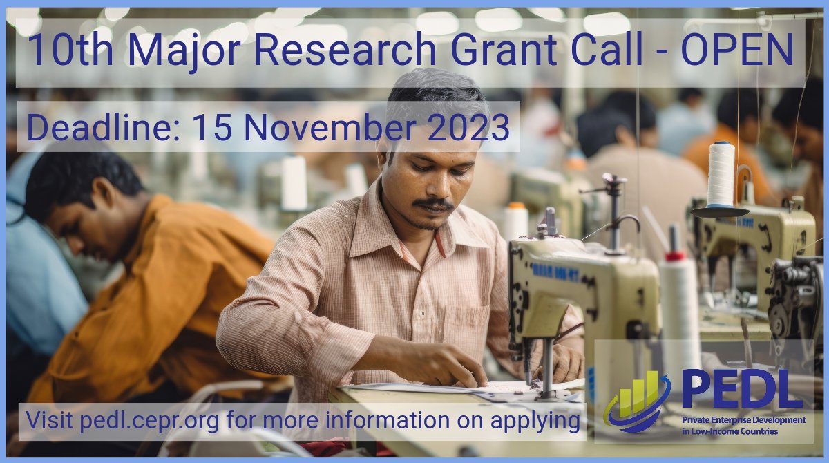 PEDL_CEPR's tweet photo. NEW FUNDING! PEDL is excited to open our 10th regular Major Research Grant call! We're looking for research projects focused on #firms in #LICs within our themes: #markets, #climate, #entrepreneurship, #devfinance. Apply by Nov 15
https://t.co/MMcazuAixV #EconTwitter @cepr_org https://t.co/EahwwgmTMT