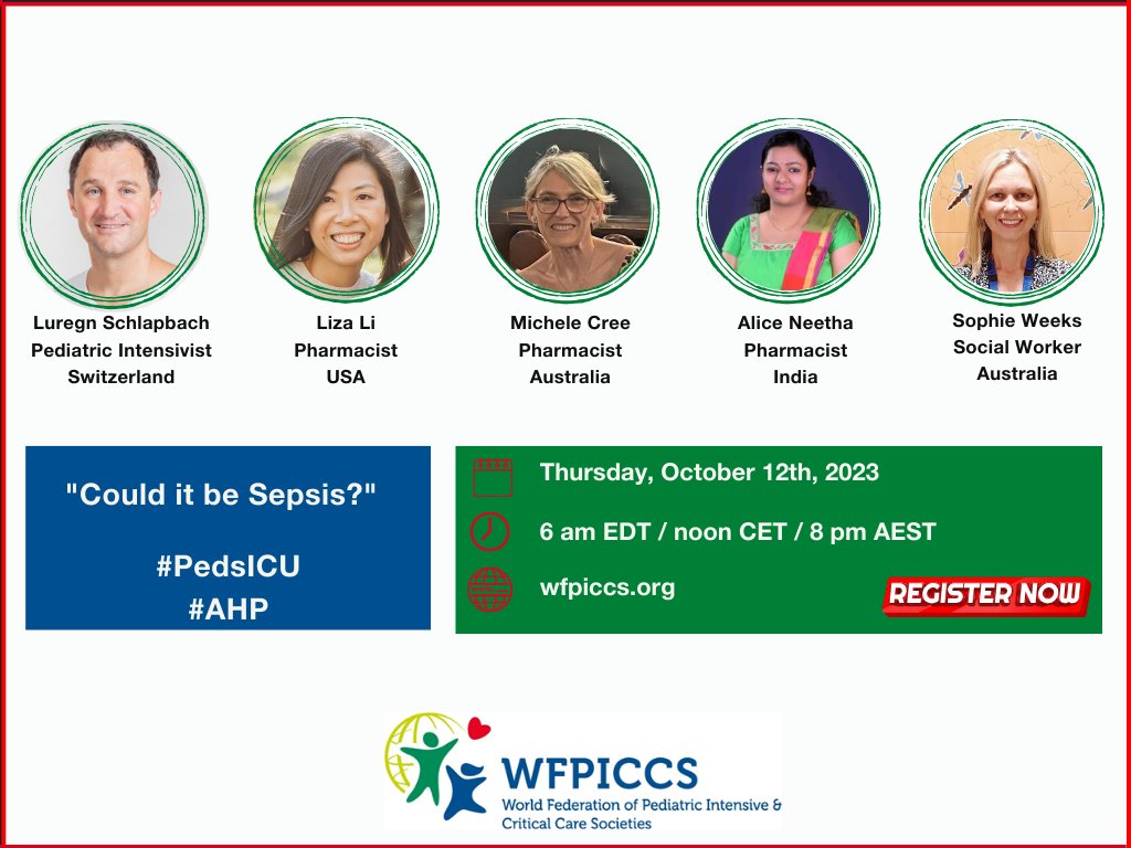 📢Register for the #AHP Cttee webinar‼️ ➡️It's an opportunity to learn more abt #sepsis for #pharmacists & every member of the #PedsICU team‼️ 🖥️Could this be #Sepsis?” 🗓️Thur. Oct 12, 2023 ⏲️6 am EDT / noon CET / 8 pm AEST ➡️ Join us & register👉tinyurl.com/3auzrv7x