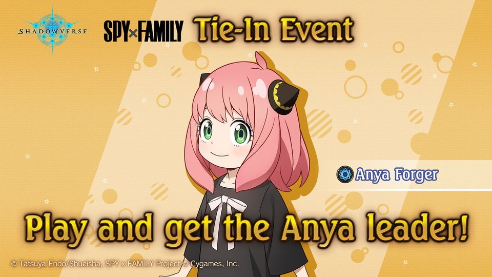 WinsenIvan's tweet photo. SPY x FAMILY Tie-In Event!

I got an Anya leader by completing her quest! The tie-in event ends at 1:00 p.m., October 23 (PT), so play Shadowverse and get your Anya leader now! 

Details:
https://t.co/KpXBoEHV6K https://t.co/6ExaQp01fS
