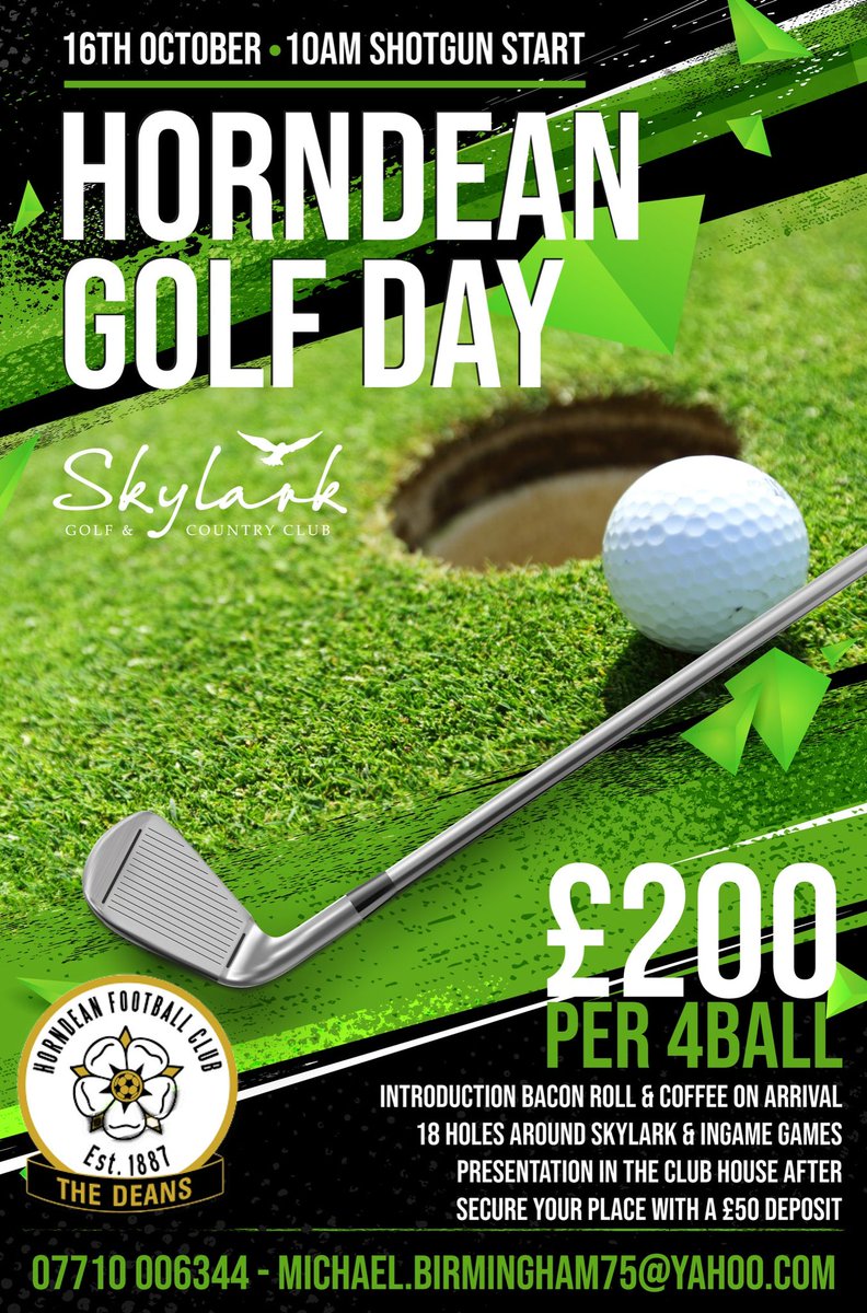 ⛳️ There is still space to enter our golf day which is open to all at Skylark Golf and Country Club on Mon 16th Oct

💰 £200 per 4 balls (so only £50 each!). 
Only £50 required to secure your place. 

☎️ Please contact Mike on the details below.  

#UpTheDeans