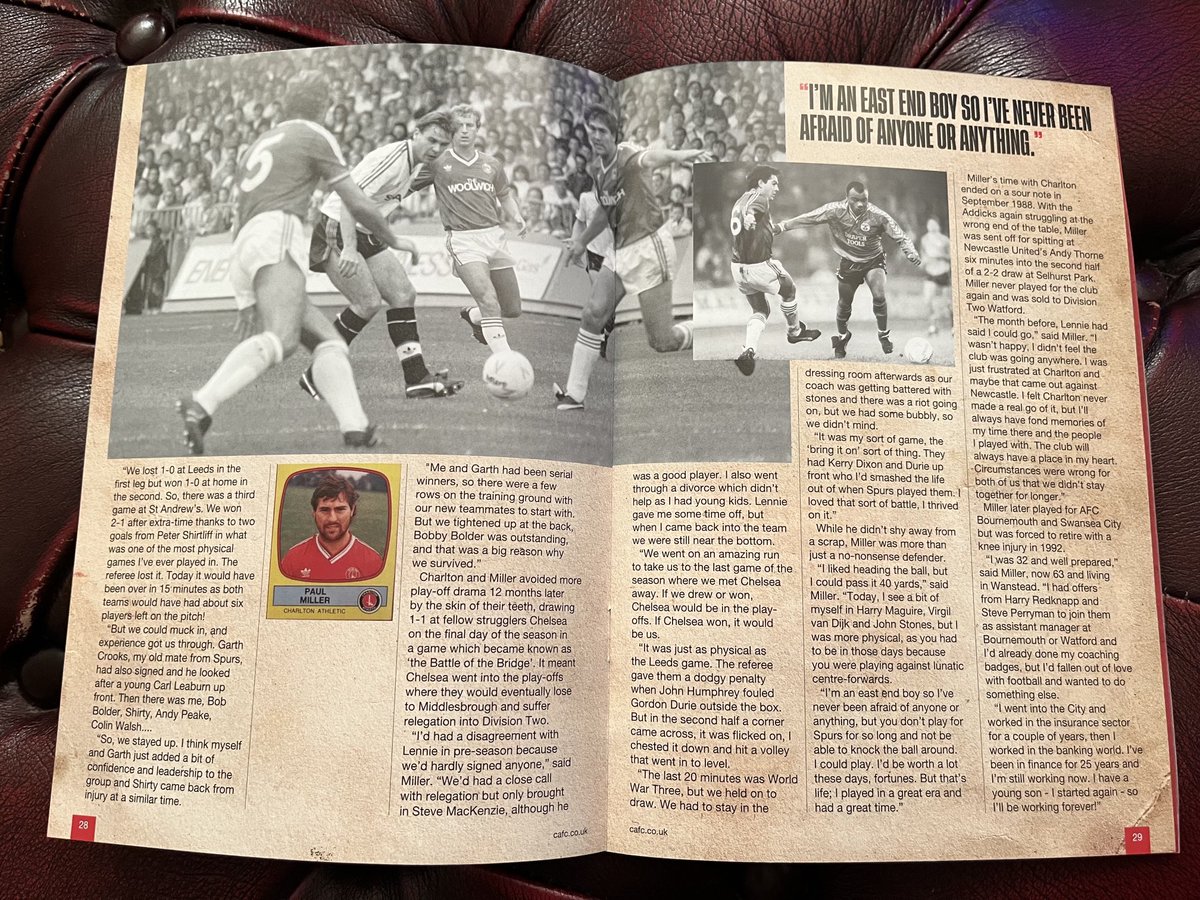 It was great to see my old Selhurst Park #cafc colleague #PaulMiller as the subject of the ‘Cult Heroes’ feature in last Saturday’s match programme. Paul was superb for us at such an iconic time for the club.The saying ‘Cometh the hour, cometh the man’ applies perfectly to Paul!