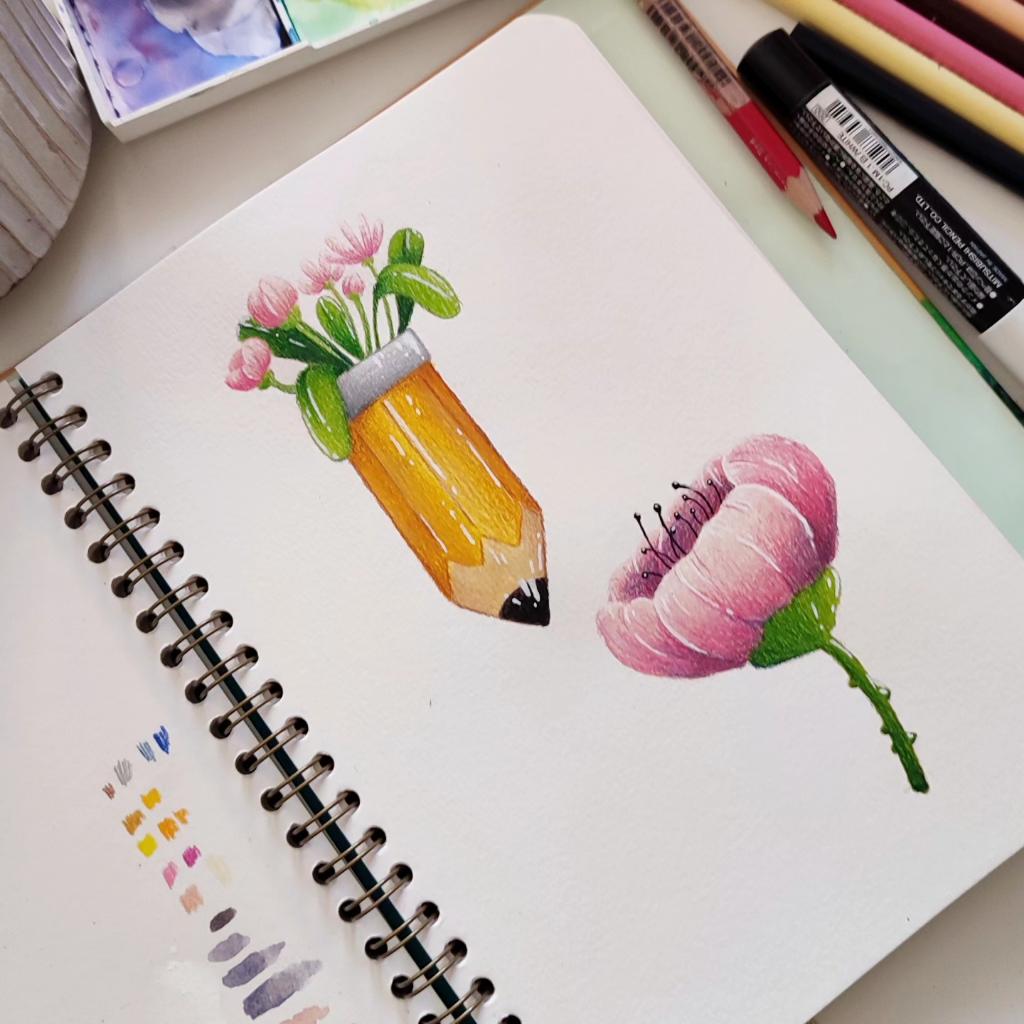 essebi_illus's tweet photo. When I'm full with deadlines and deliveries, it makes me want to create something different, to use unusual media, to challenge myself.
So I'm here today with this #sketchbook page (incomplete btw).
But I wanted so bad to try #watercolours and #pastels together 💛 https://t.co/btU4jT3S0u